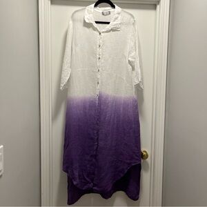 Tina Stephens 100% Linen Button Front Shirt Dress Maxi Cover Up One Size Ombre